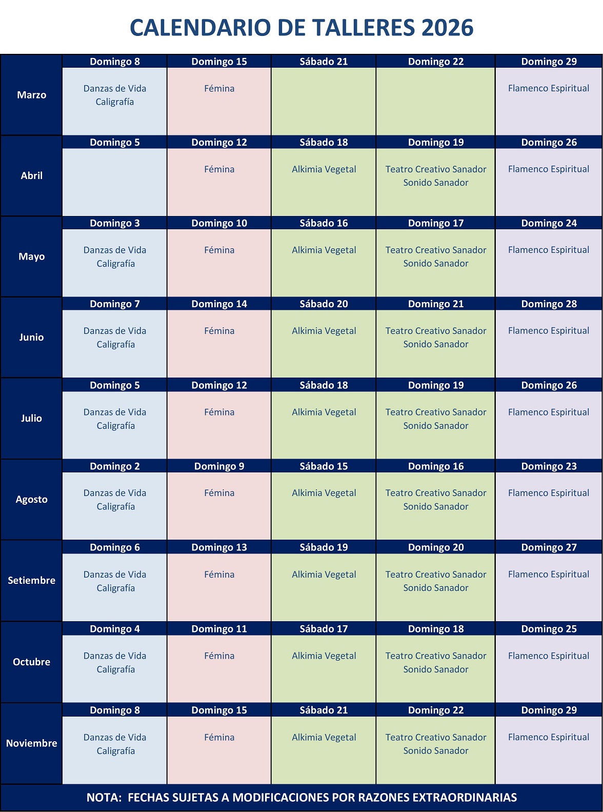 Calendario de Talleres 2026